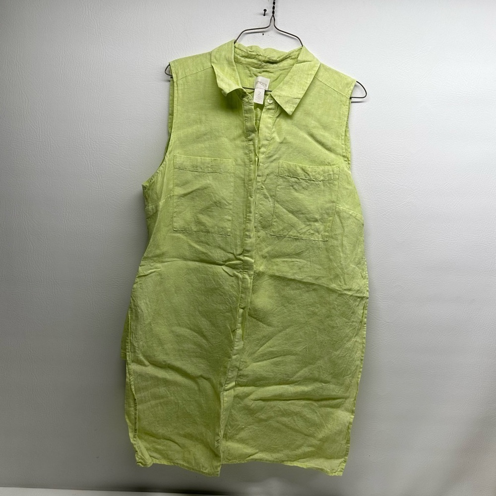 Chico’s Linen Green Button-up Blouse, Sleeveless with Collar Woman Size 2
